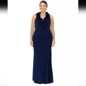 NWT Xscape Ruffled Neck Sleeveless Gown in Navy Size 14